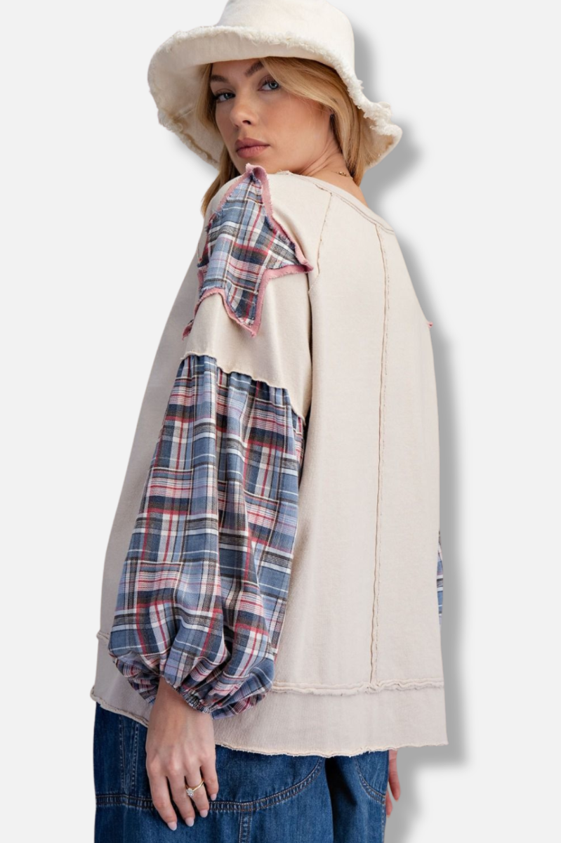 Plaid Sleeve Pullover - Ecru 