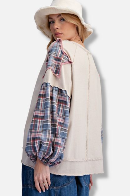 Plaid Sleeve Pullover - Ecru 