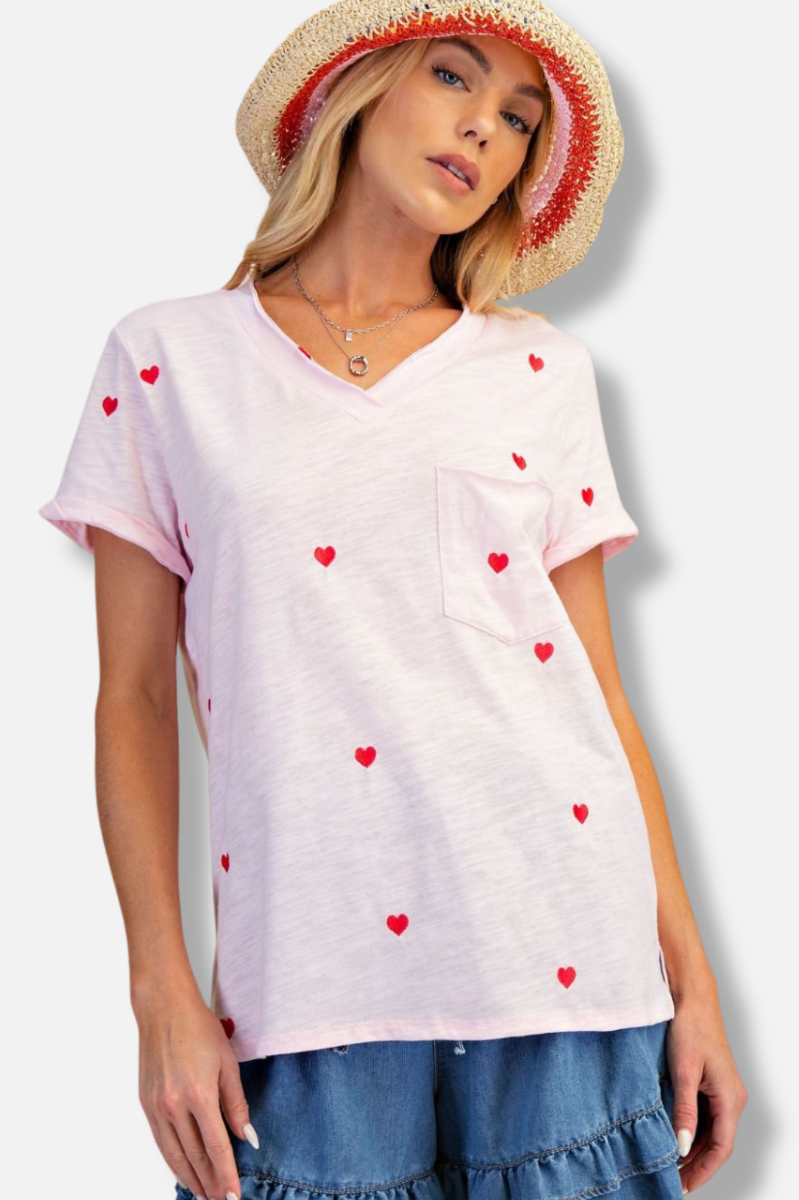 Embroidered Heart Tee - Pink