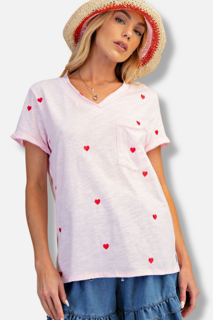 Embroidered Heart Tee - Pink