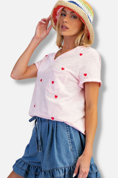 Embroidered Heart Tee - Pink