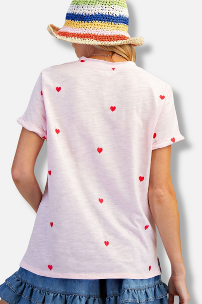 Embroidered Heart Tee - Pink