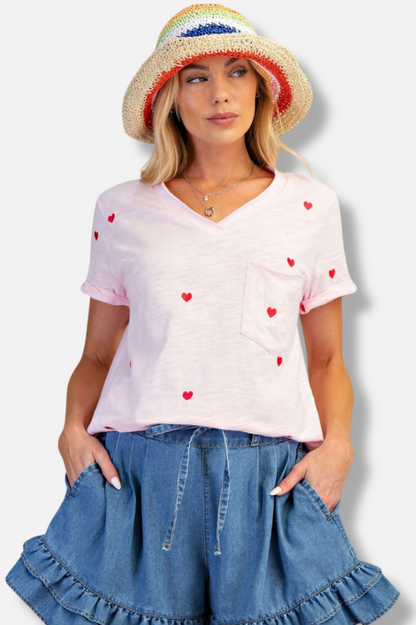 Embroidered Heart Tee - Pink