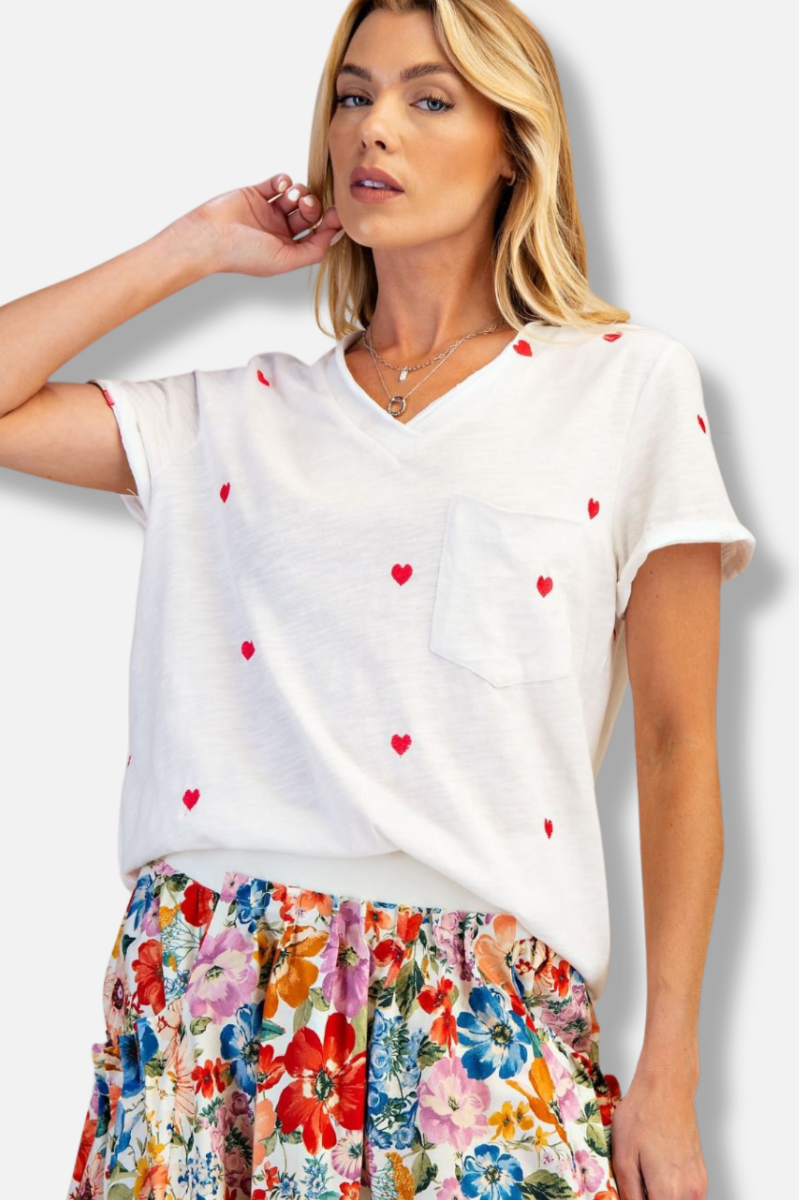 Embroidered Heart Tee - White 