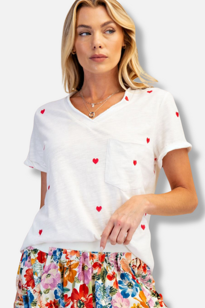 Embroidered Heart Tee - White 
