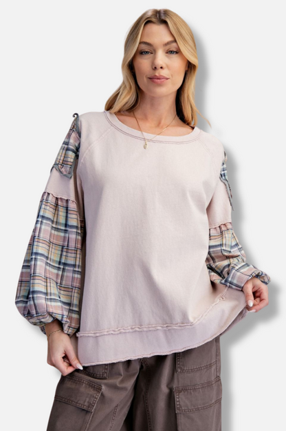 Plaid Sleeve Pullover - Dusty Rose 