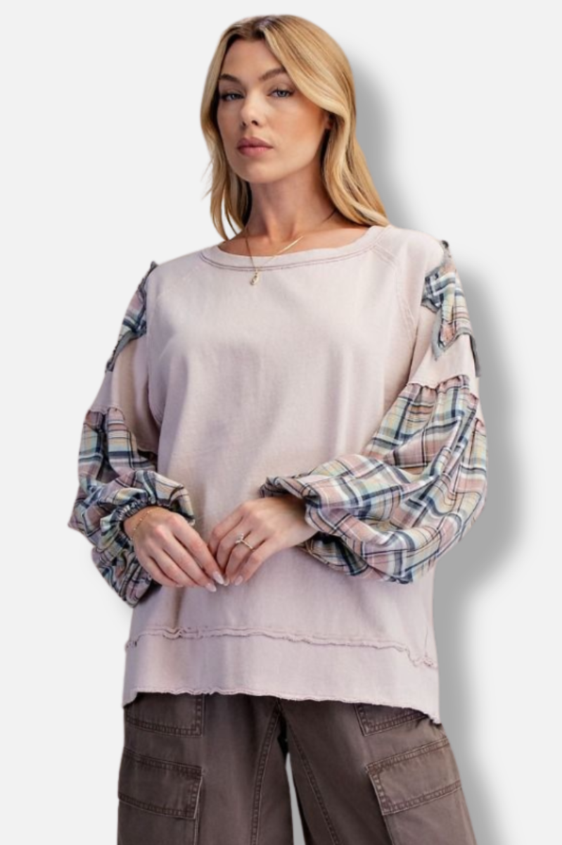 Plaid Sleeve Pullover - Dusty Rose 