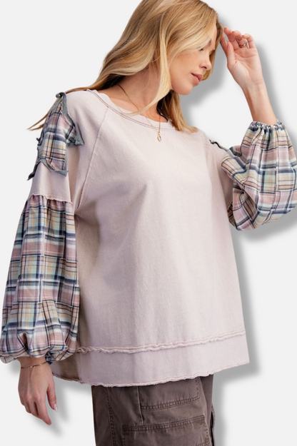 Plaid Sleeve Pullover - Dusty Rose 