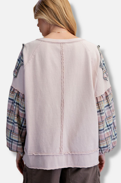 Plaid Sleeve Pullover - Dusty Rose 