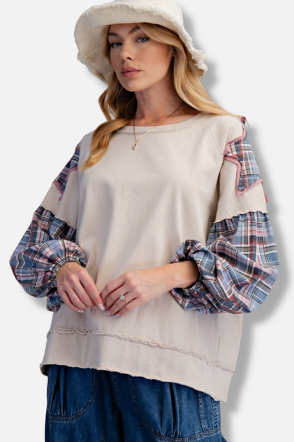 Plaid Sleeve Pullover - Ecru 