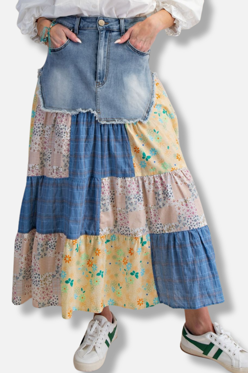 Patchwork Denim Skirt - Washed Denim 