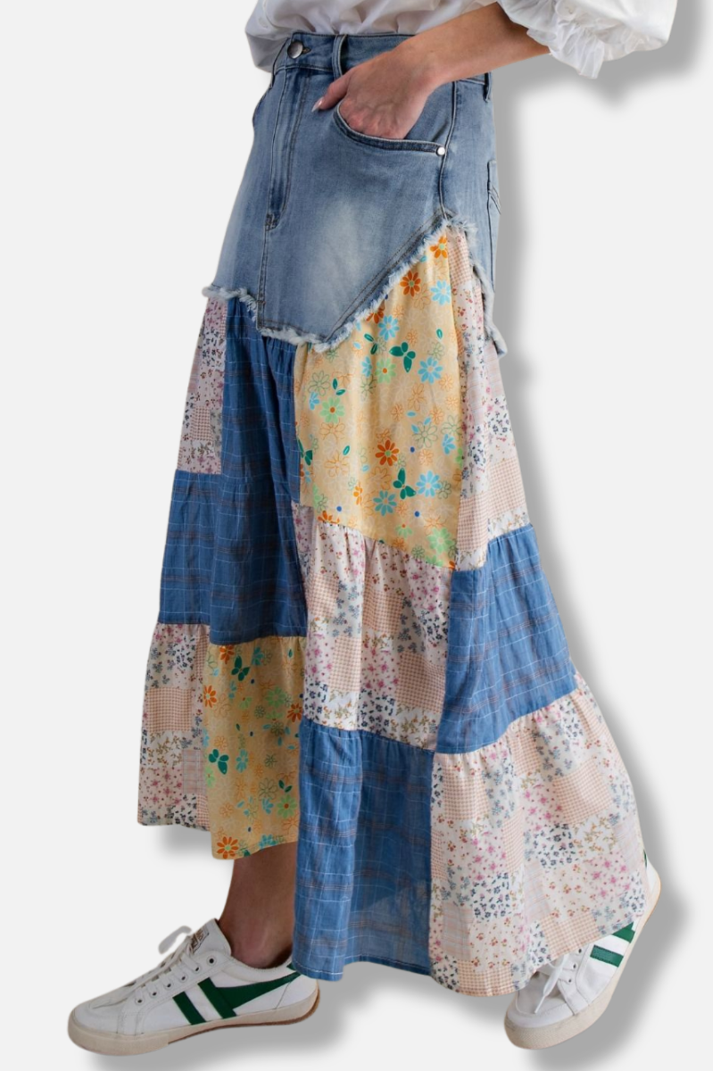 Patchwork Denim Skirt - Washed Denim 