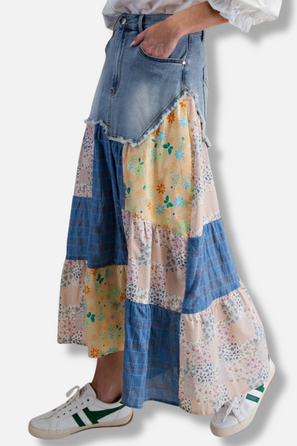 Patchwork Denim Skirt - Washed Denim 