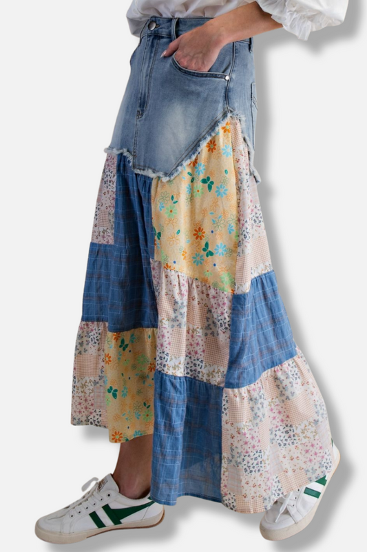 Patchwork Denim Skirt - Washed Denim 