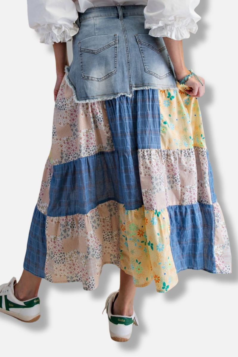 Patchwork Denim Skirt - Washed Denim 