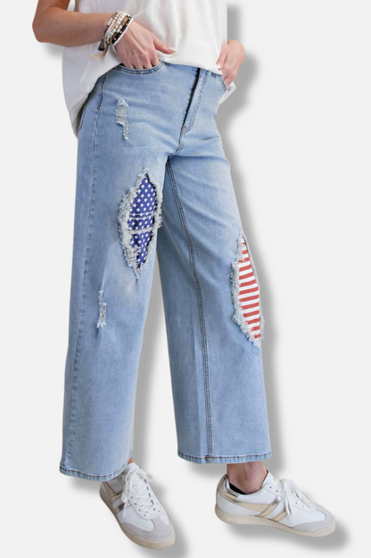 Distressed Stars & Stripe Pant - Washed Denim