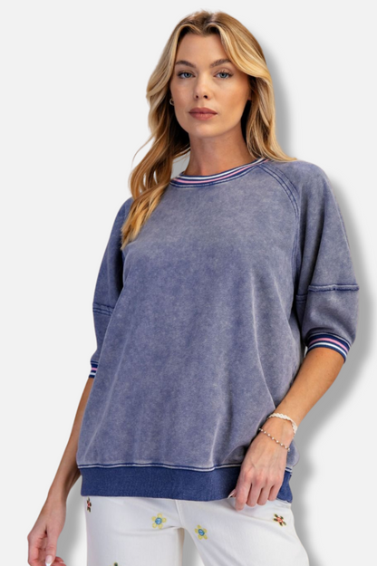 Washed Terry Banded Pullover - Denim