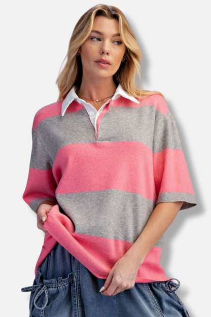 Rugby Stripped Top - Pink & Grey 