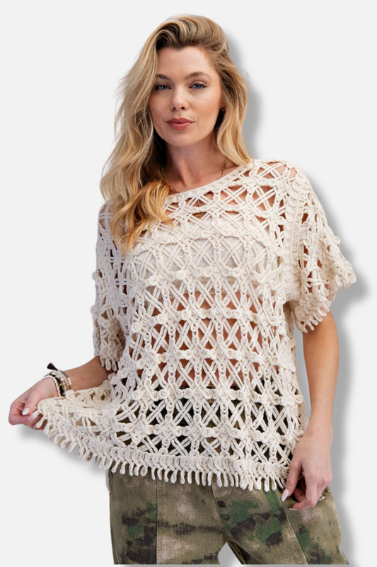 Crochet Cap Sleeve Top - Natural