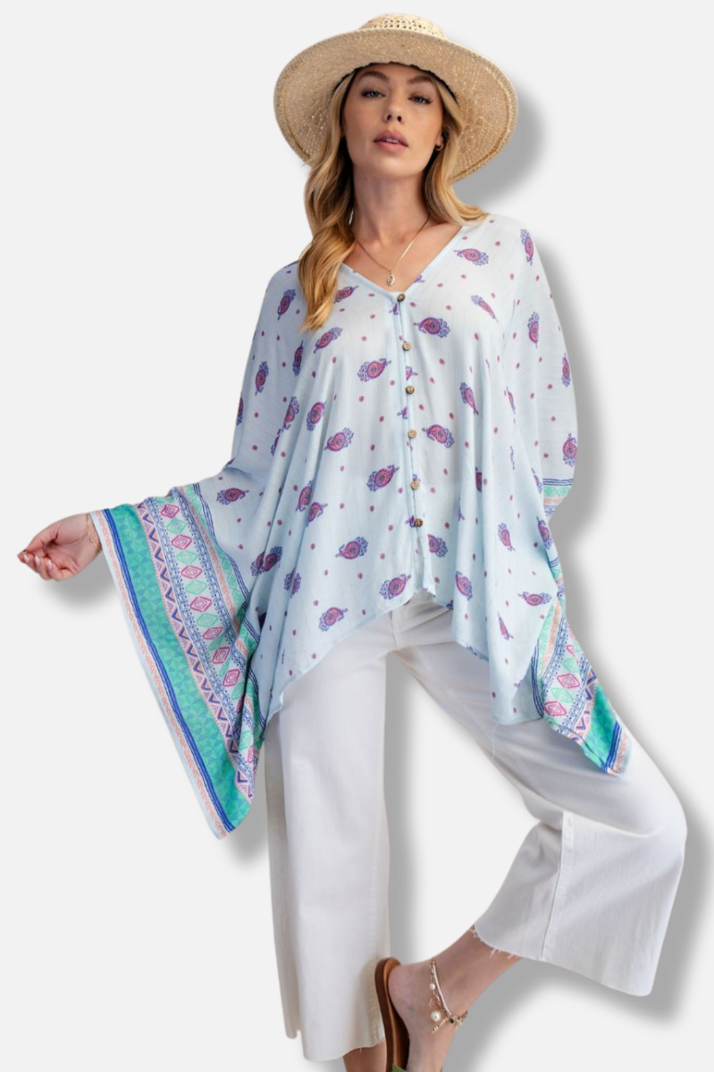 Ethnic Gauze Poncho - Powder Blue 