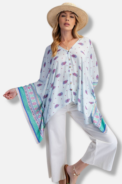 Ethnic Gauze Poncho - Powder Blue 