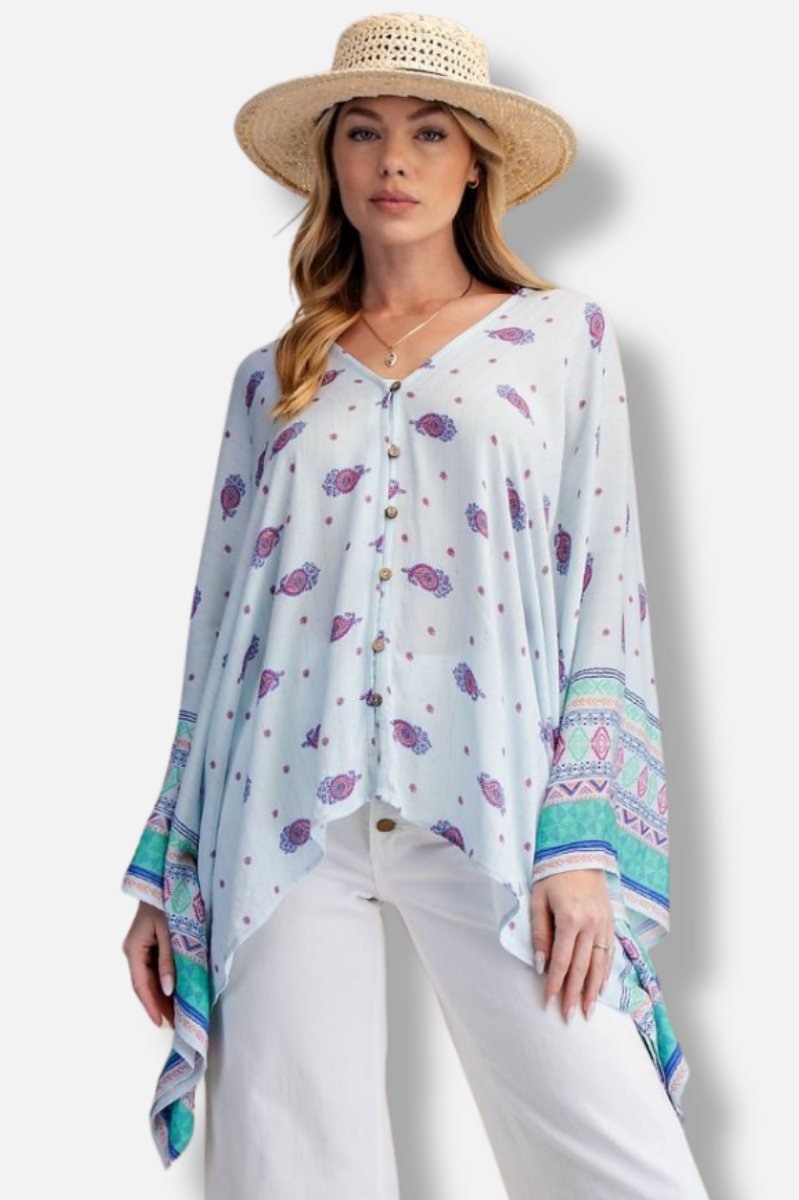 Ethnic Gauze Poncho - Powder Blue 