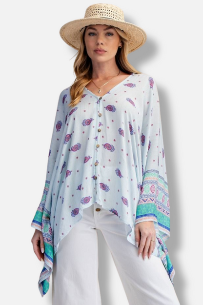 Ethnic Gauze Poncho - Powder Blue 