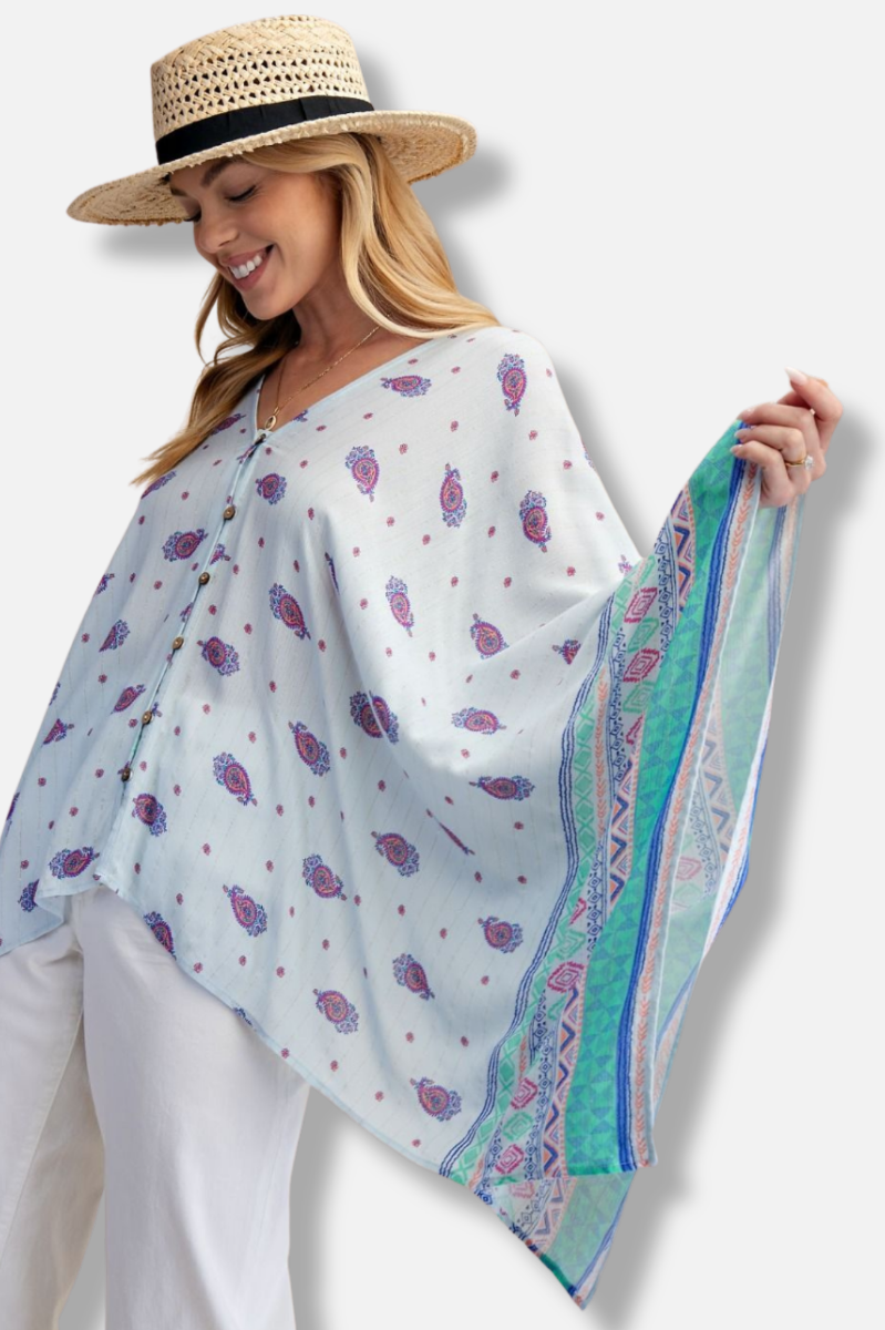 Ethnic Gauze Poncho - Powder Blue 