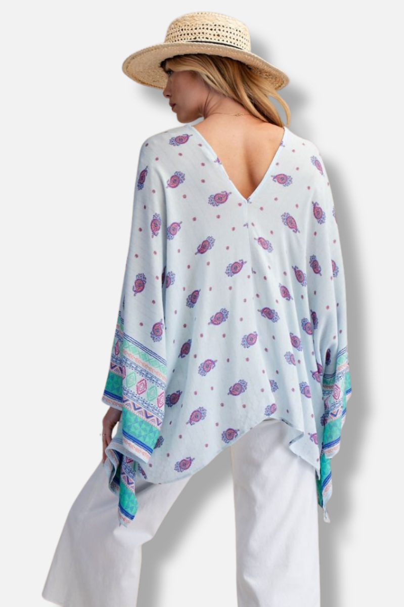 Ethnic Gauze Poncho - Powder Blue 