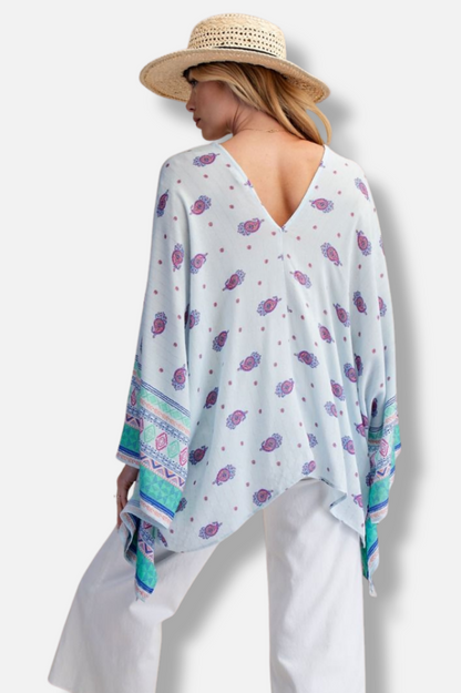 Ethnic Gauze Poncho - Powder Blue 