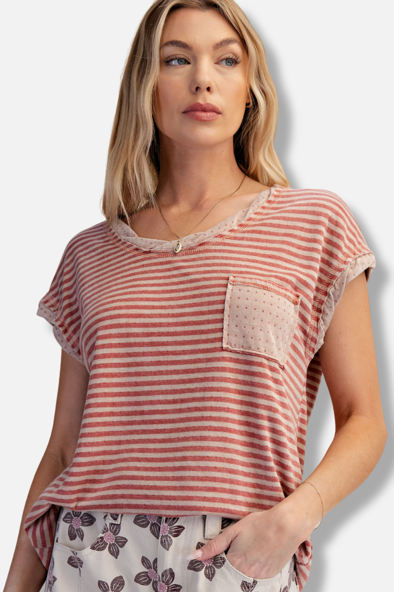 One Pocket Stripe Tee - Red