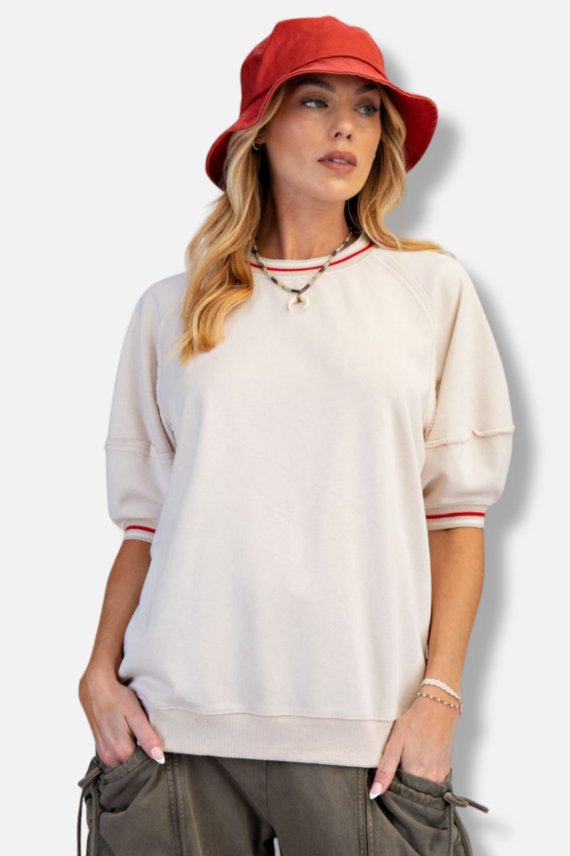 Washed Terry Banded Pullover - Natural 