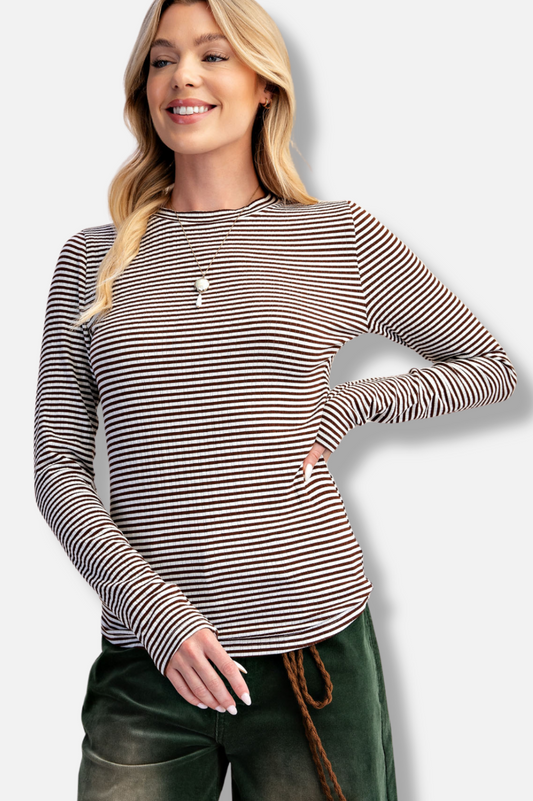 Stripe Rib Knit Top - Coffee