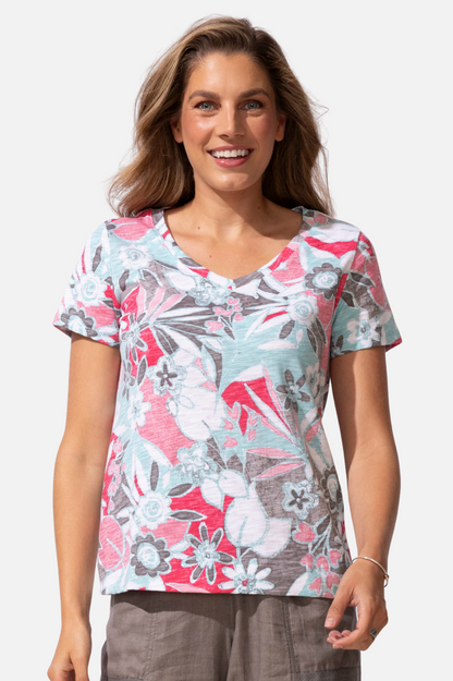 V Neck Tee - Poppy Fiji Floral