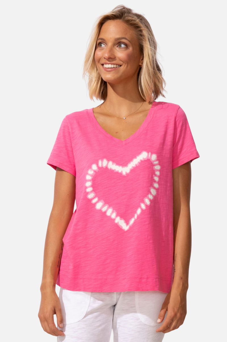 Shibori Heart V-Neck Tee - Poppy