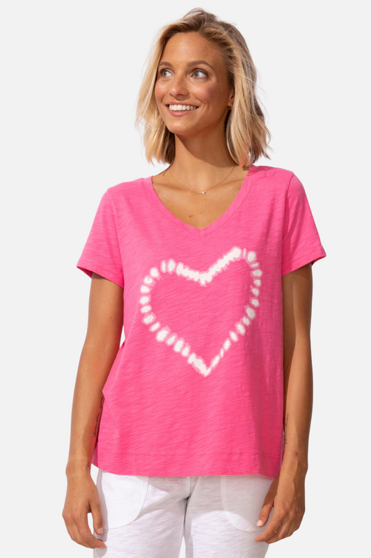 Shibori Heart V-Neck Tee - Poppy