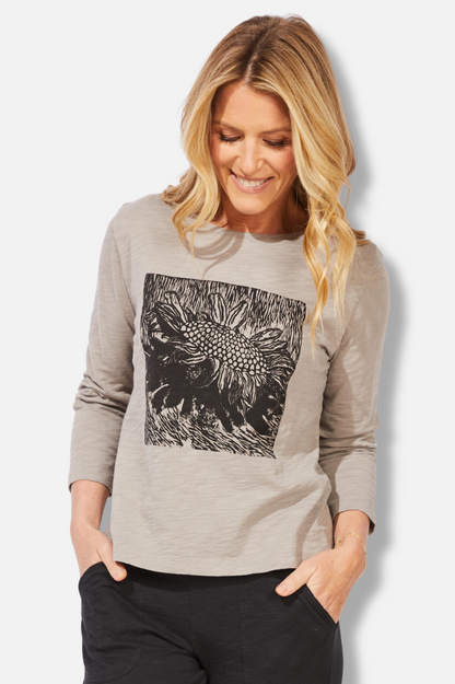 Boxy Tee - Fog Linocut Sunflower