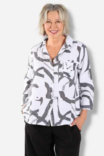 Shirt Jacket - White & Black Print 