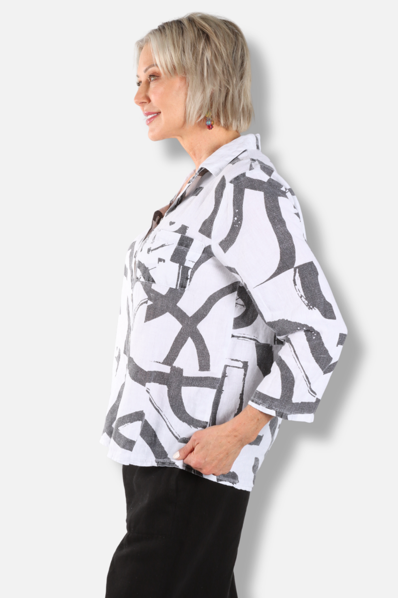 Shirt Jacket - White & Black Print 