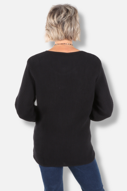 Long Sleeve Waffle Top - Black 
