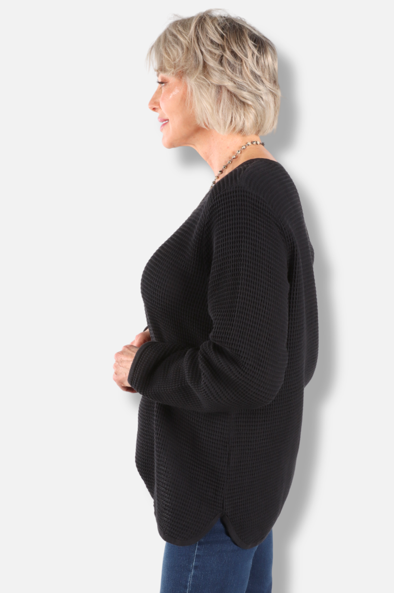 Long Sleeve Waffle Top - Black 