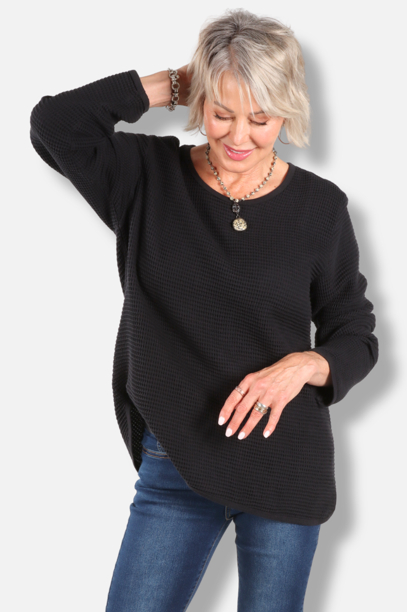 Long Sleeve Waffle Top - Black 