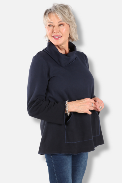 Mock Neck Pocket Tunic - Navy to Black