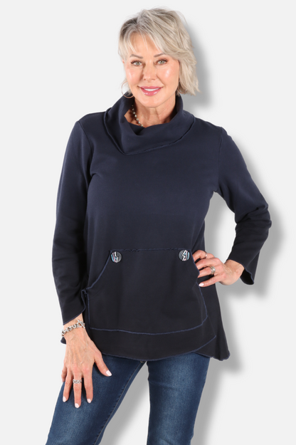 Mock Neck Pocket Tunic - Navy to Black
