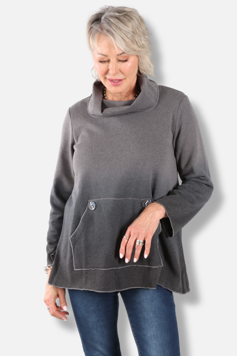 Mock Neck Pocket Tunic - Charcoal to Black