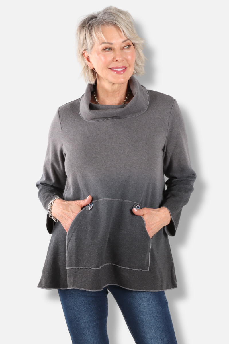 Mock Neck Pocket Tunic - Charcoal to Black