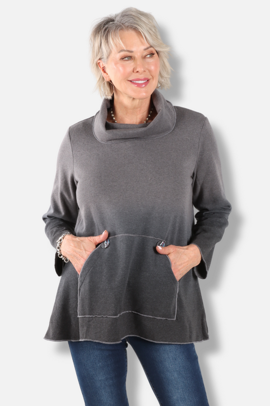 Mock Neck Pocket Tunic - Charcoal to Black