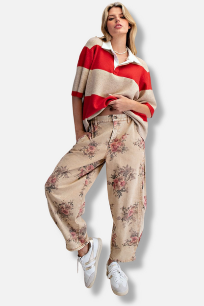Floral Barrel Pant - Toast