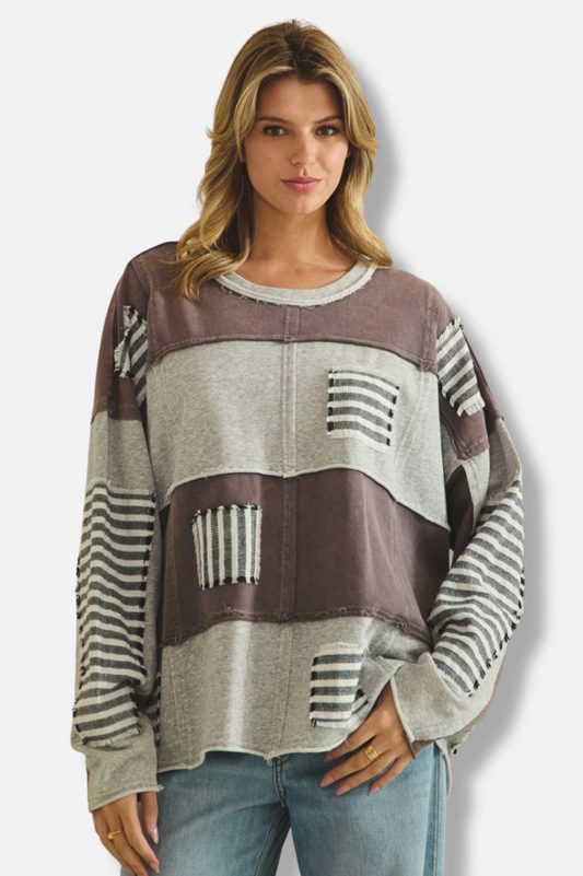 Stripe Patched Sweatshirt - Grey 