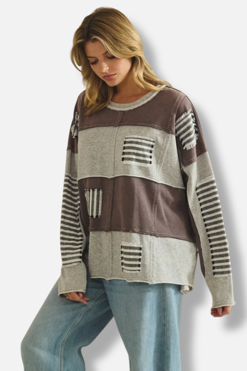 Stripe Patched Sweatshirt - Grey 